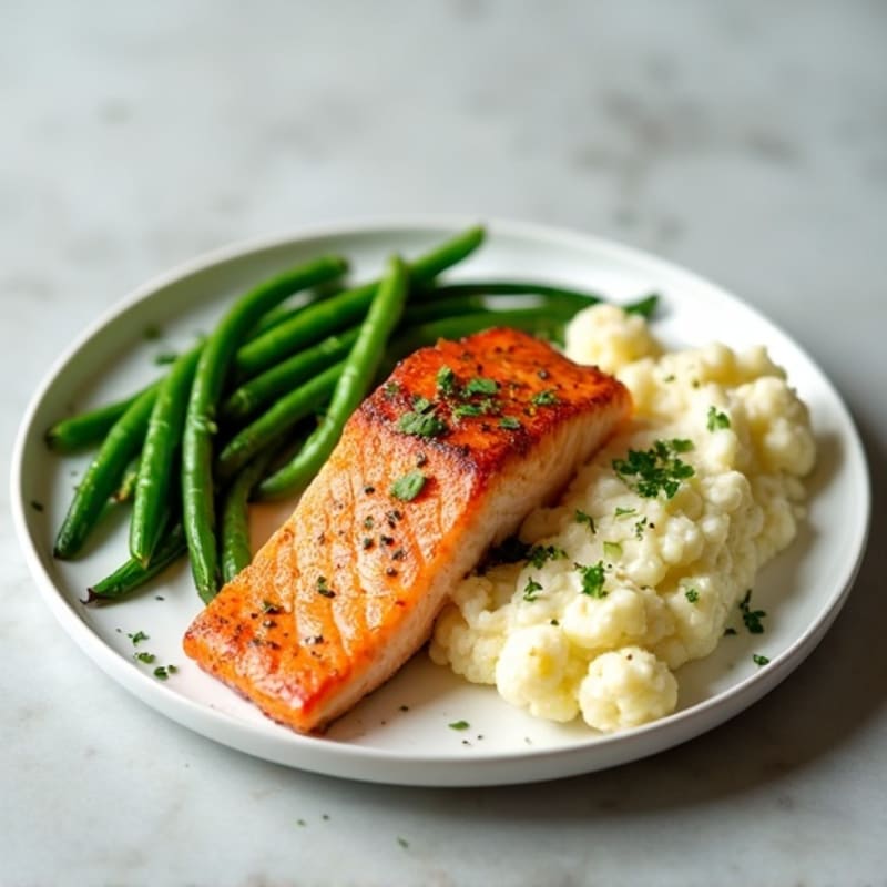 Seared Salmon with Steamed Green Beans and Garlic Mashed Cauliflower