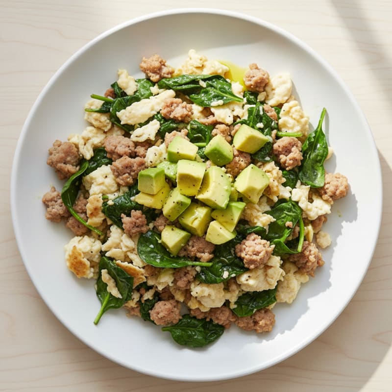 Egg White Scramble with Turkey Sausage and Sautéed Spinach