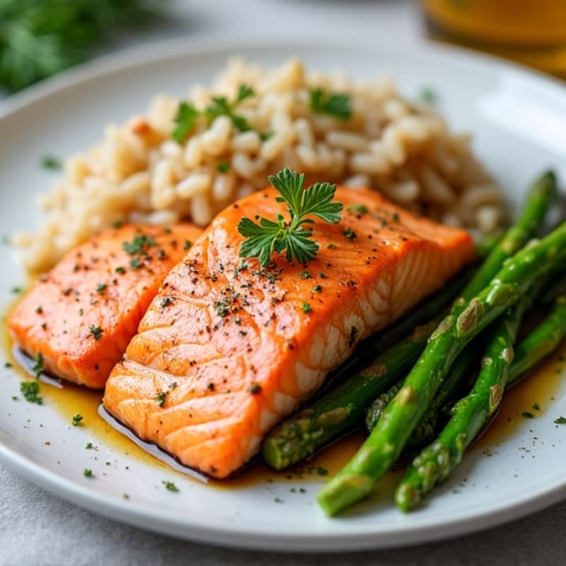 Seared Salmon with Steamed Asparagus and Brown Rice