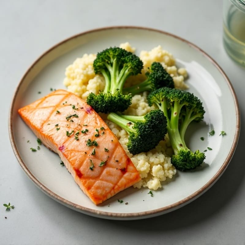 Seared Salmon Fillet with Roasted Broccoli and Garlic Mashed Cauliflower