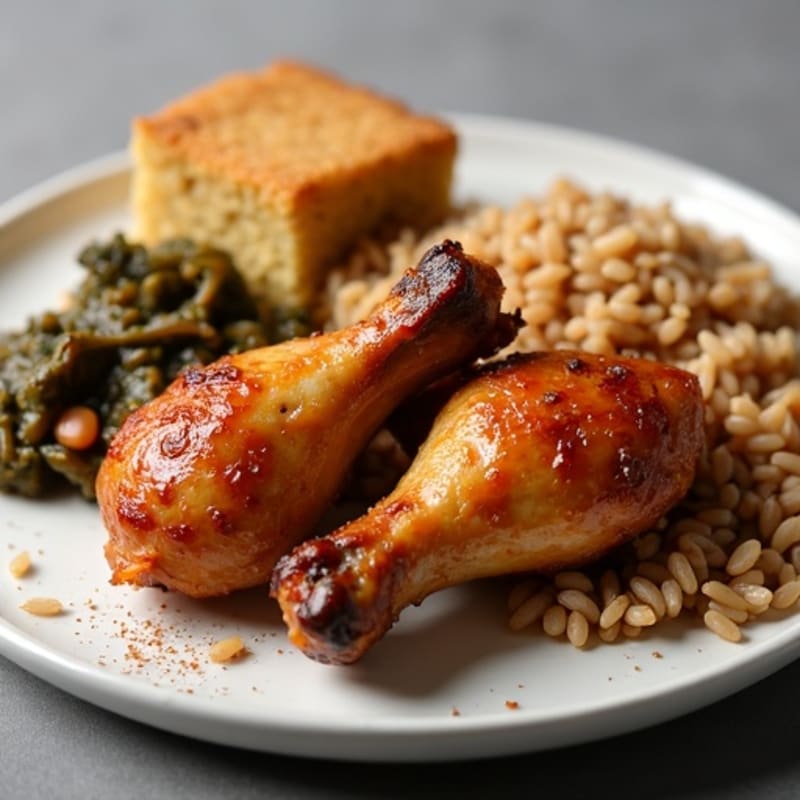 Baked Honey Glazed Chicken Wings with Brown Rice, Smoky Collard Greens, Black-Eyed Peas, and Whole Grain Cornbread
