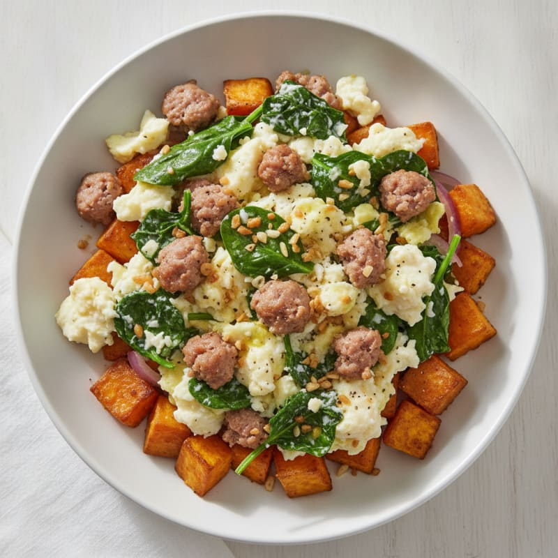 Egg White and Turkey Sausage Scramble with Spinach and Roasted Sweet Potato