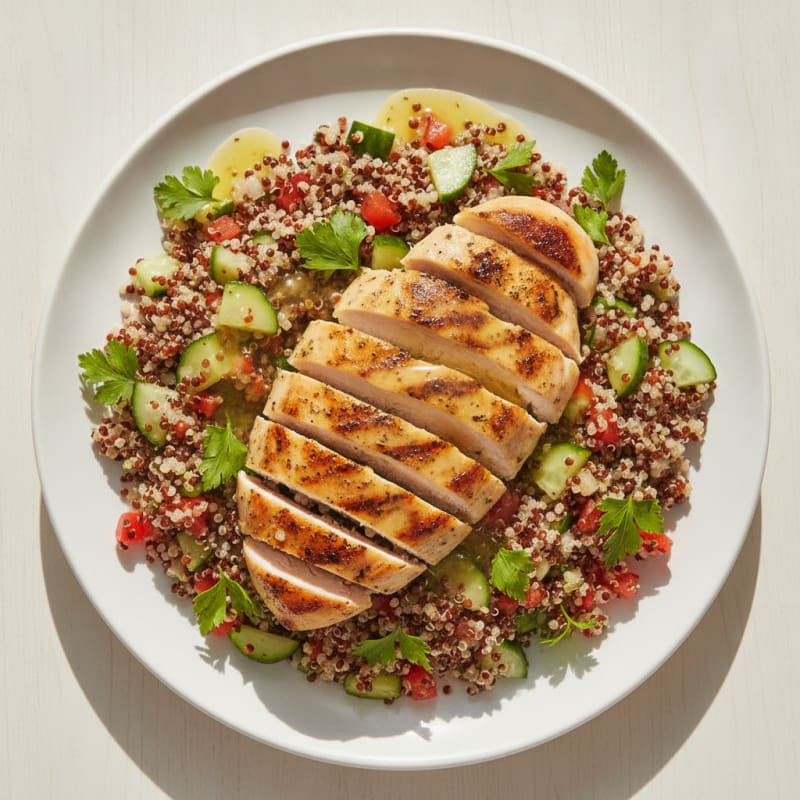 Grilled Chicken Breast with Crunchy Quinoa Salad and Lemon Vinaigrette