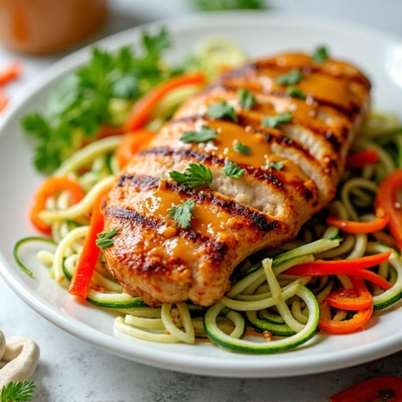 Grilled Chicken Breast with Crunchy Vegetable Noodle Salad and Spicy Peanut Dressing