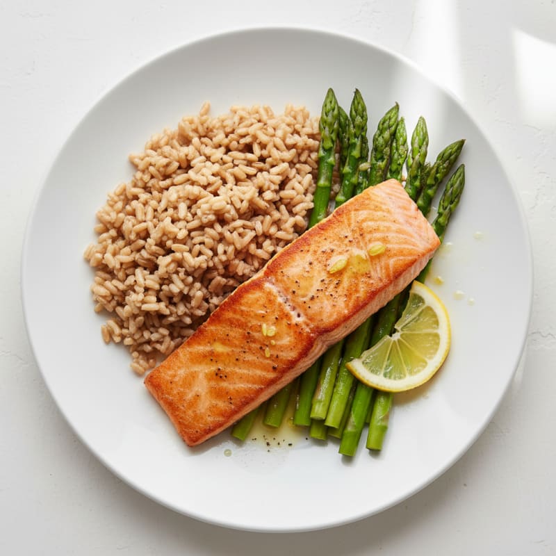 Seared Salmon Fillet with Steamed Asparagus and Brown Rice