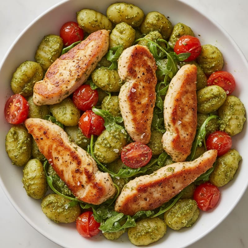 Gnocchi with Arugula Pesto and Cherry Tomatoes