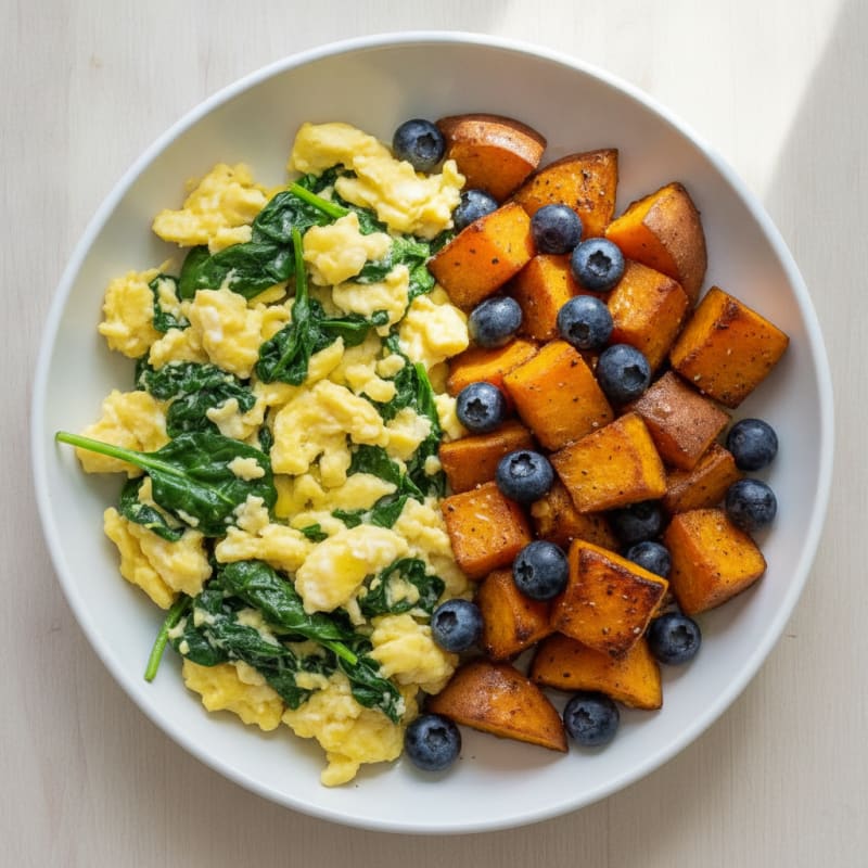 Scrambled Eggs with Spinach and Roasted Sweet Potatoes