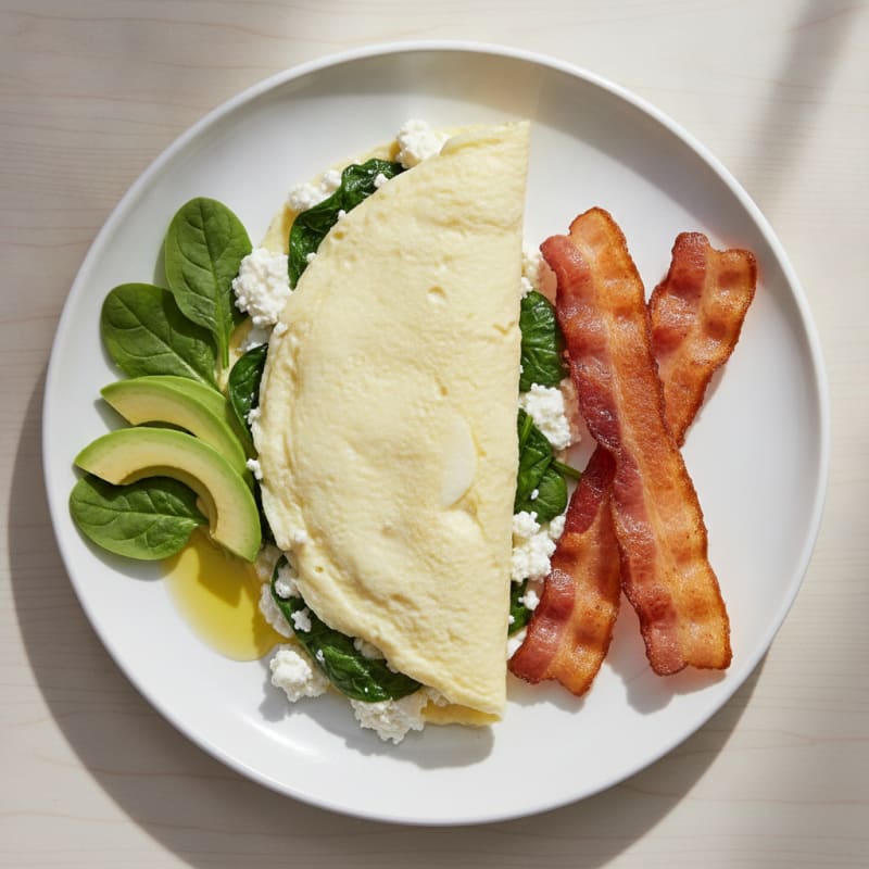 Egg White Spinach Omelette with Cottage Cheese and Turkey Bacon