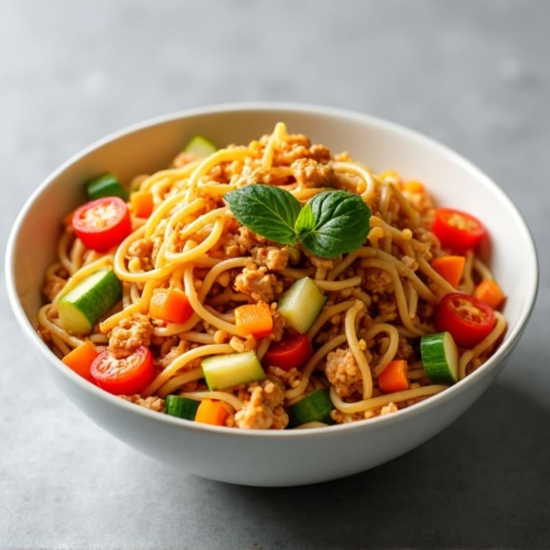 Spicy Peanut Ground Chicken Noodles with Crunchy Veggies