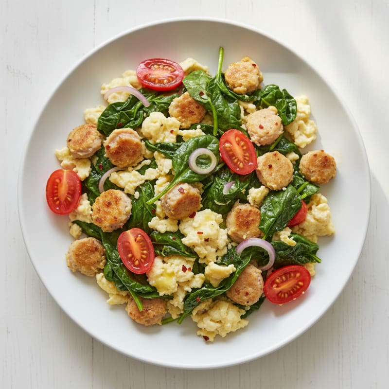 Egg White and Turkey Sausage Scramble with Sautéed Spinach