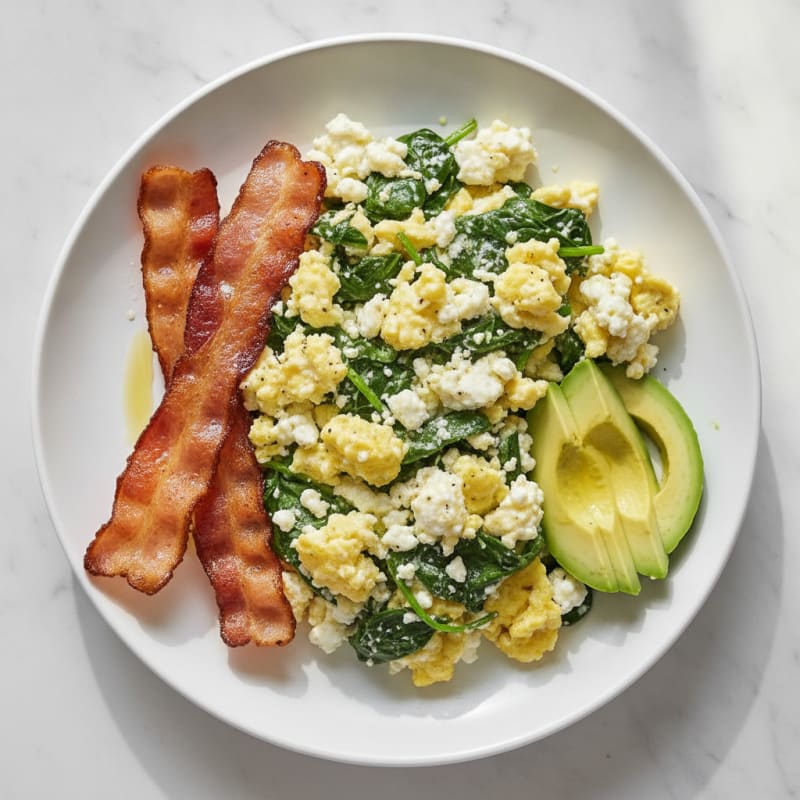 Cottage Cheese Egg Scramble with Spinach and Turkey Bacon