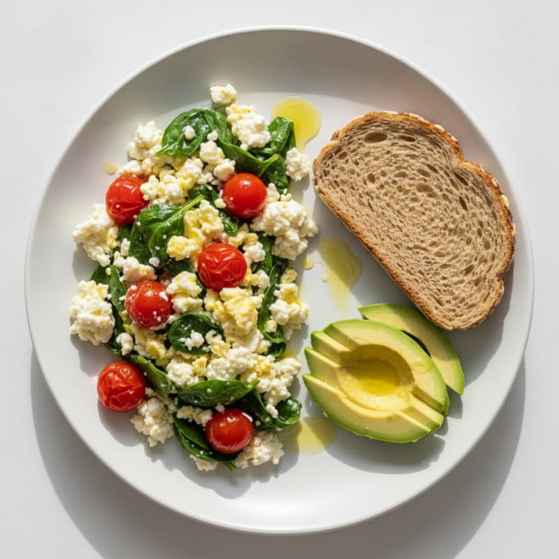 Egg White and Cottage Cheese Scramble with Spinach and Cherry Tomatoes