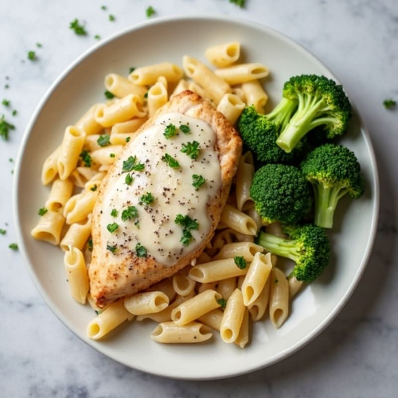 Healthy Creamy Chicken Alfredo with Roasted Broccoli