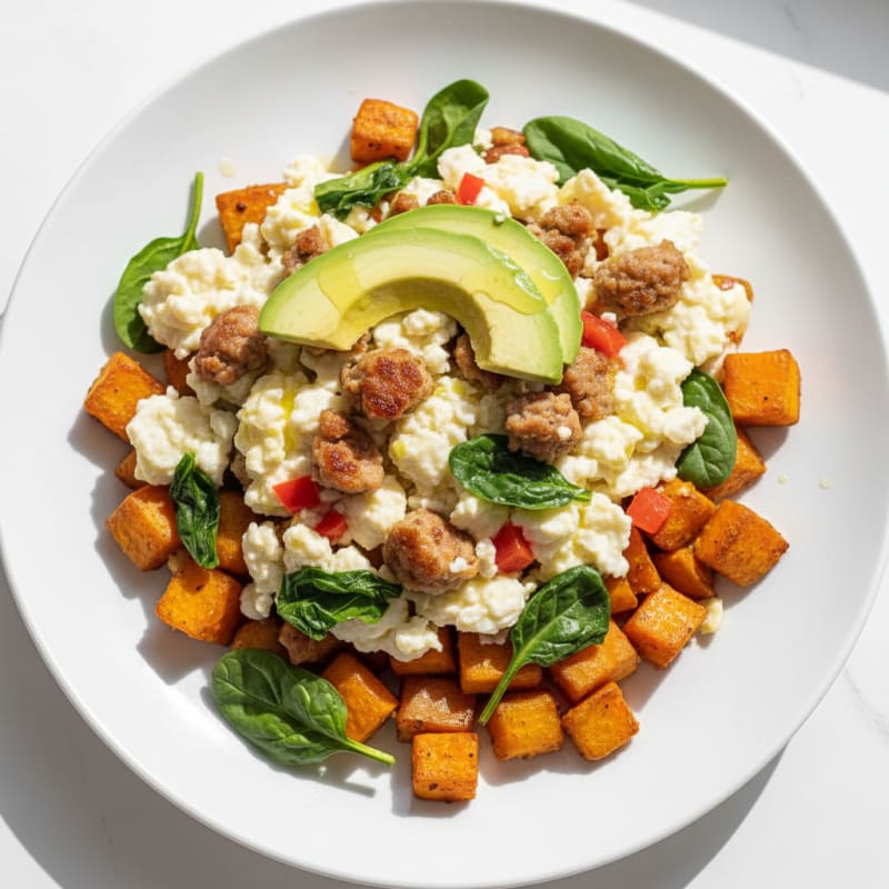 Crispy Turkey Sausage and Egg White Scramble with Roasted Sweet Potatoes