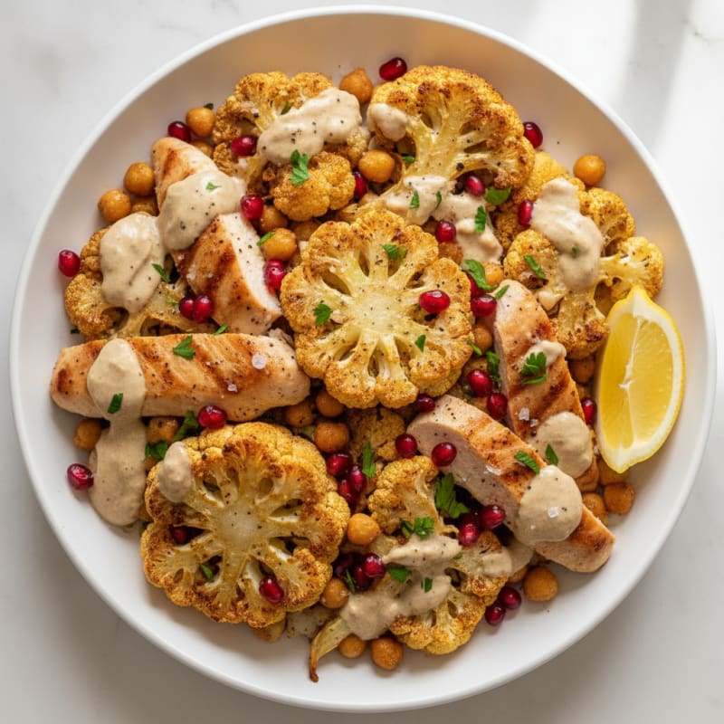 Roasted Tahini Cauliflower with Pomegranate Lemon