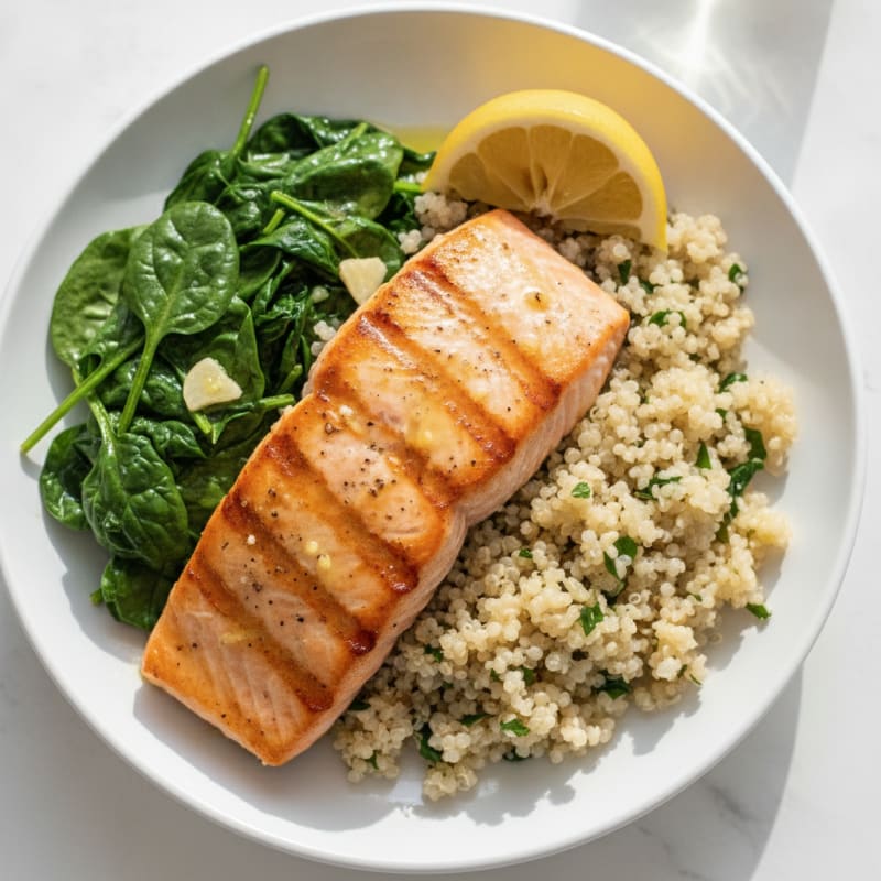 Pan-Seared Salmon with Garlic Quinoa and Sautéed Spinach