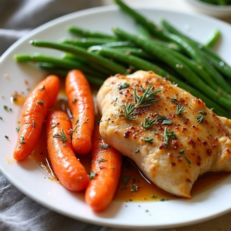 Crispy Herb-Roasted Chicken with Maple Glazed Carrots and Steamed Green Beans