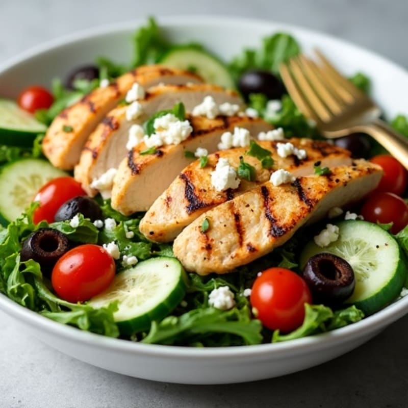 Grilled Chicken Salad Bowl with Feta, Olives, and Zesty Lemon Vinaigrette
