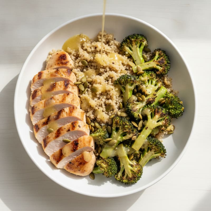 Grilled Turkey and Quinoa Power Bowl with Roasted Broccoli