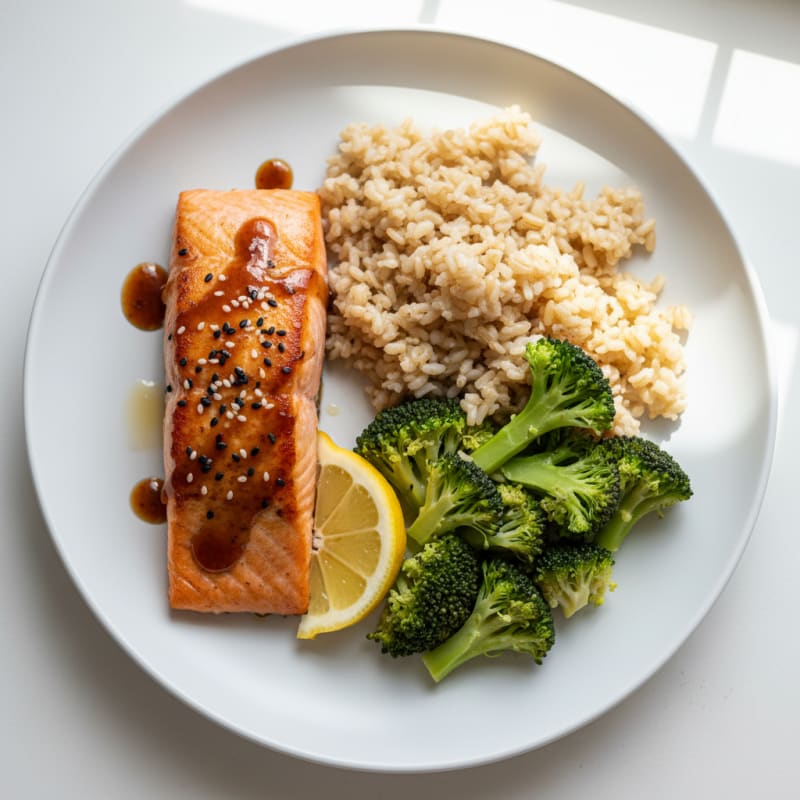 Seared Salmon Fillet with Steamed Broccoli and Brown Rice