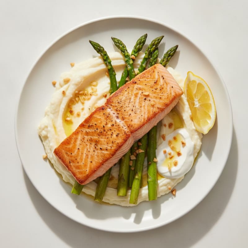 Seared Salmon Fillet with Roasted Asparagus and Cauliflower Mash