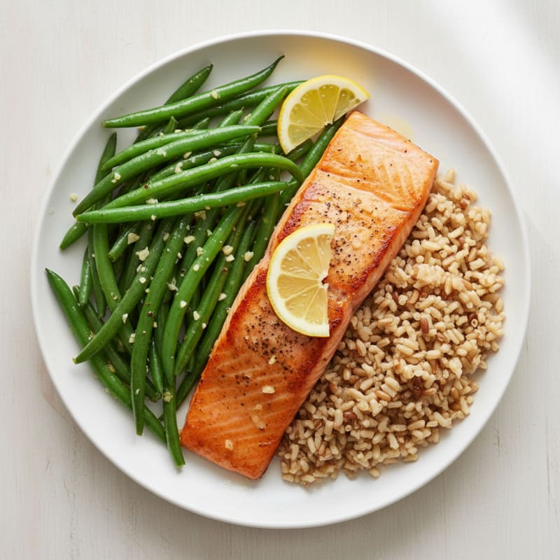Seared Salmon Fillet with Garlic Green Beans and Brown Rice