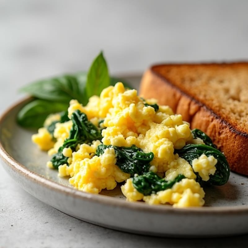 Egg and Cottage Cheese Scramble with Sautéed Spinach and Whole Grain Toast