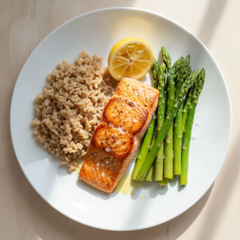 Seared Salmon Fillet with Steamed Asparagus and Brown Rice