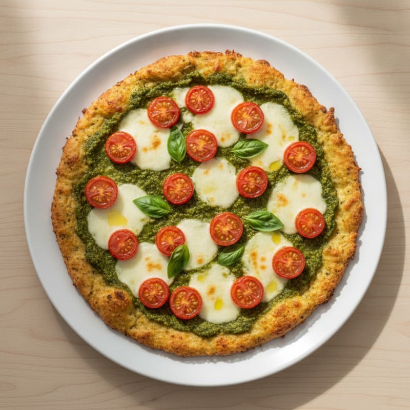 Chicken Crust Pizza with Pesto and Tomatoes