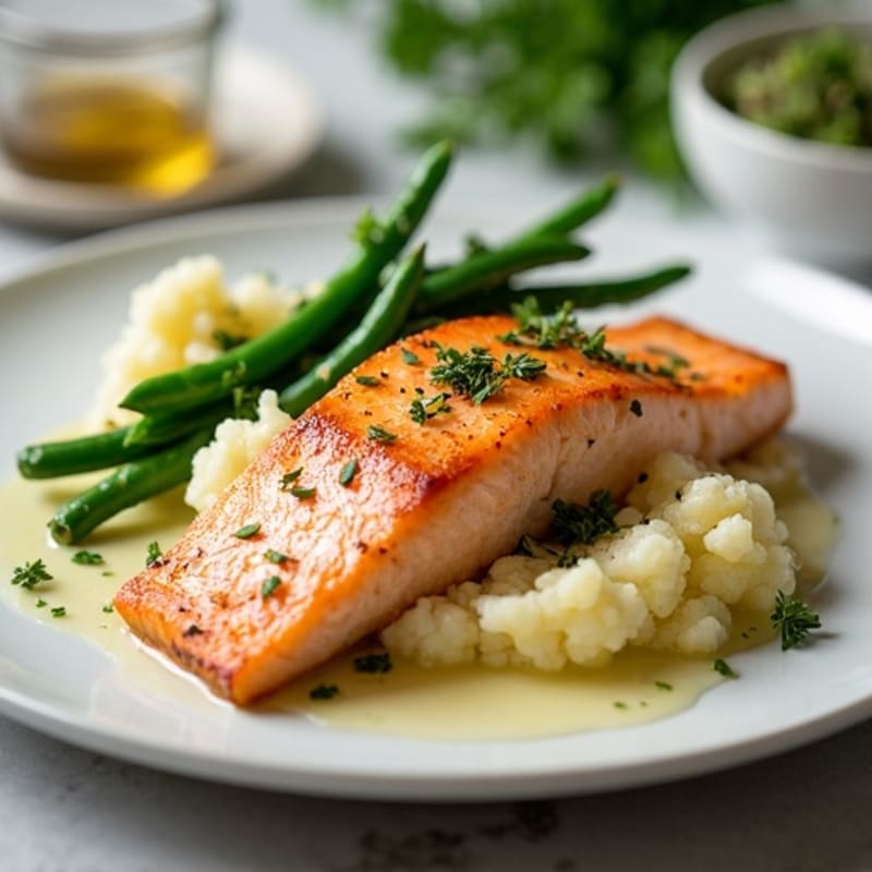 Seared Salmon with Garlic Green Beans and Cauliflower Mash