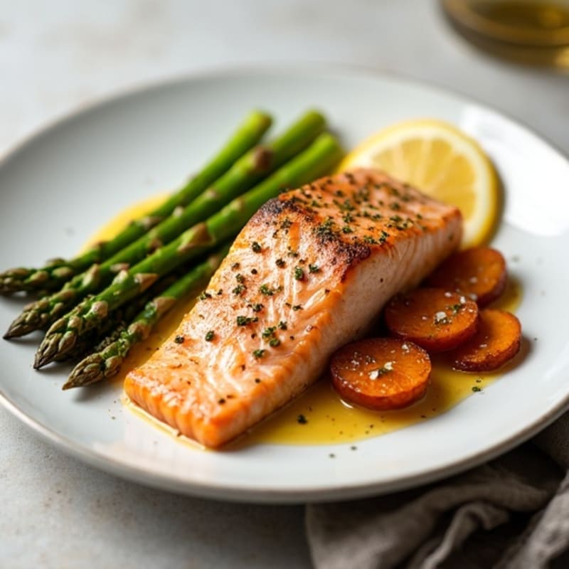 Seared Salmon with Roasted Sweet Potatoes and Asparagus