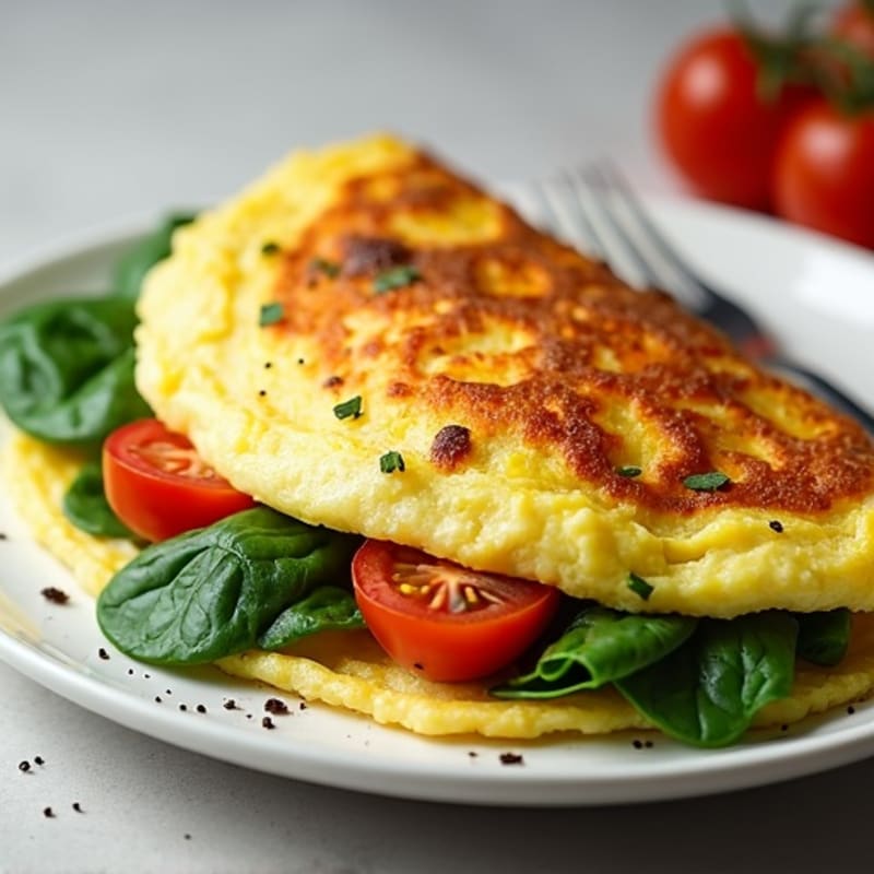 Fluffy Egg Omelette with Fresh Spinach and Cherry Tomatoes