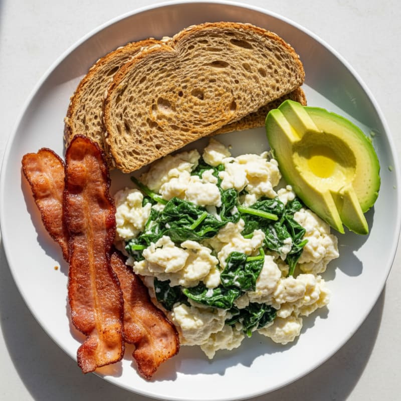Scrambled Egg Whites with Sautéed Spinach and Turkey Bacon