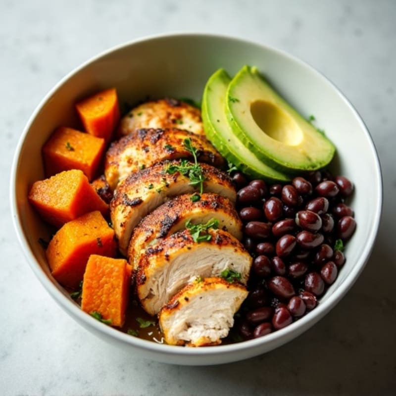Roasted Chicken and Sweet Potato Bowl with Creamy Avocado Dressing