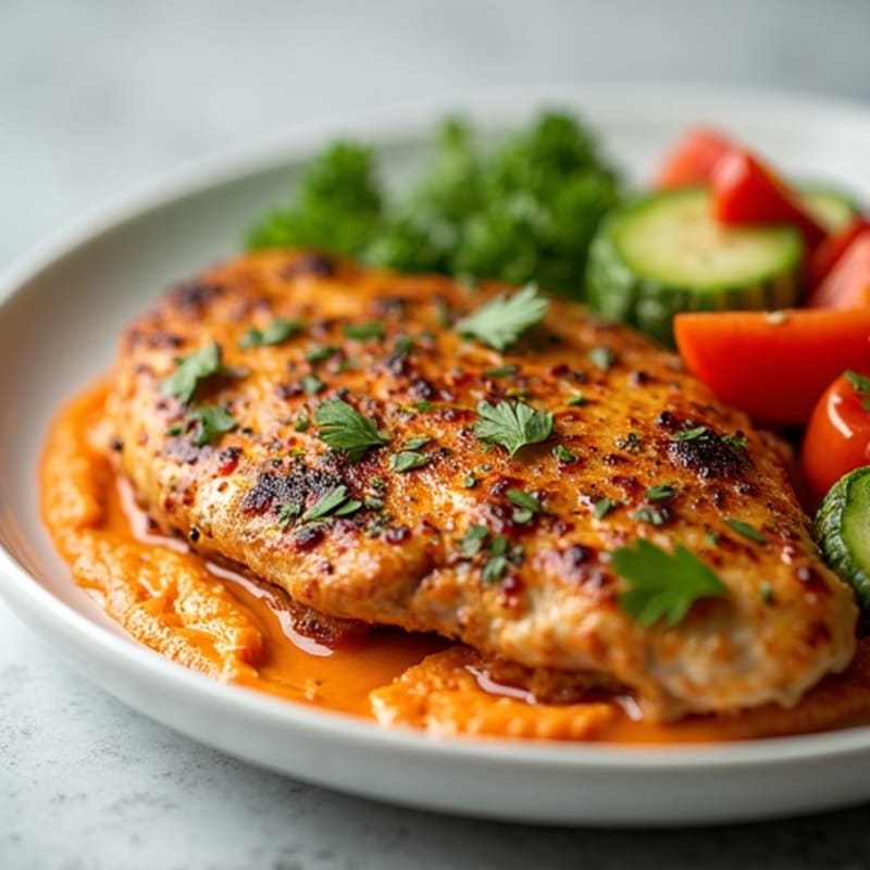 Herb-Marinated Chicken with Creamy Roasted Red Pepper Hummus and Crisp Vegetables