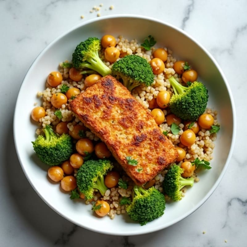 Crispy Tempeh and Quinoa Salad with Chickpeas and Roasted Broccoli