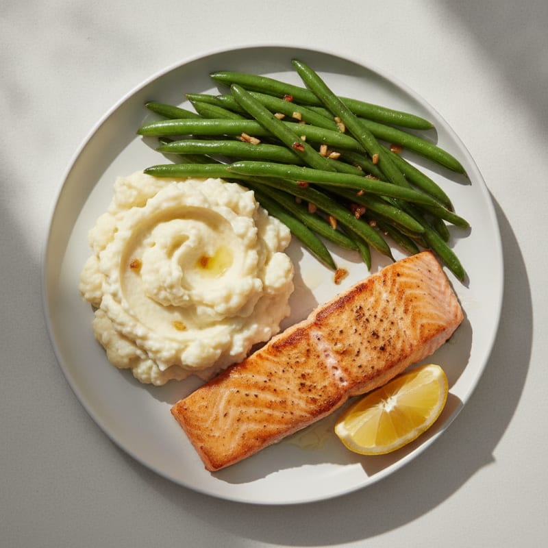 Seared Salmon Fillet with Garlic Green Beans and Mashed Cauliflower
