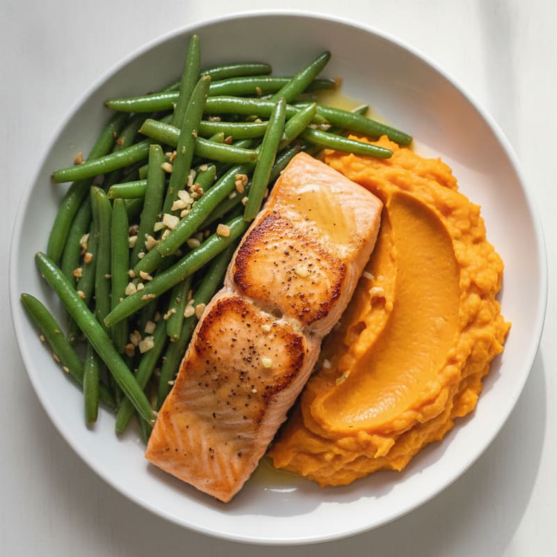 Seared Salmon with Garlic Green Beans and Sweet Potato Mash