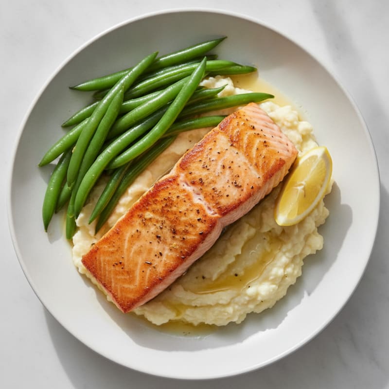 Seared Salmon with Steamed Green Beans and Mashed Cauliflower