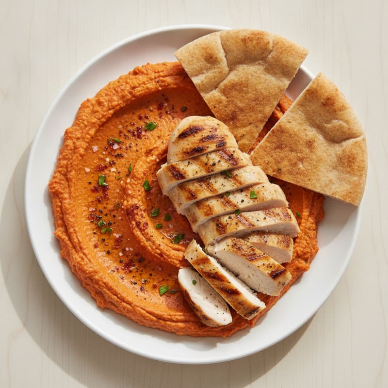 Roasted Red Pepper Hummus with Grilled Chicken and Toasted Pita