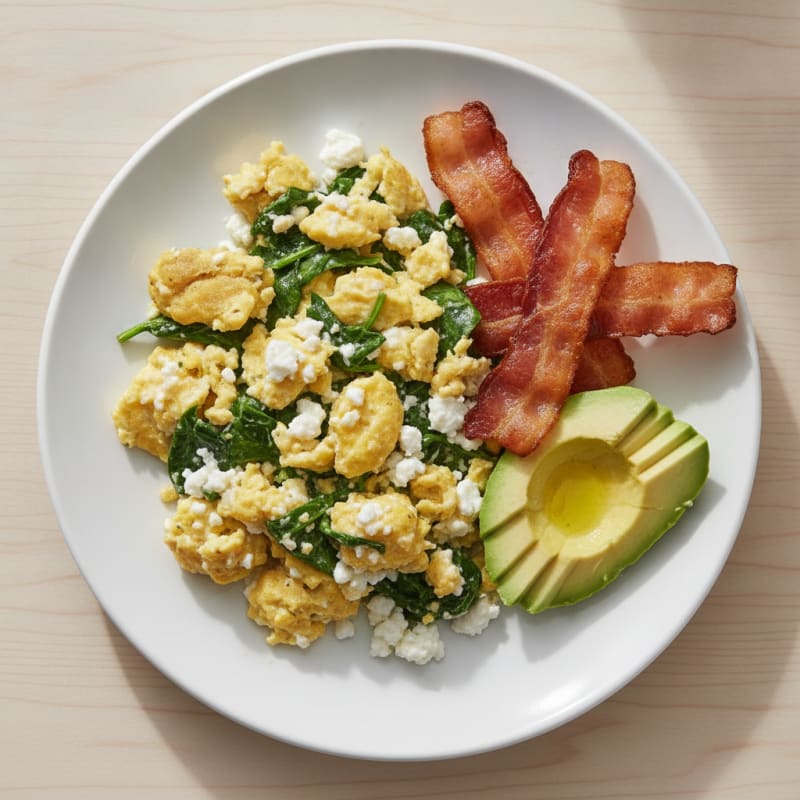 Cottage Cheese Egg Scramble with Spinach and Turkey Bacon