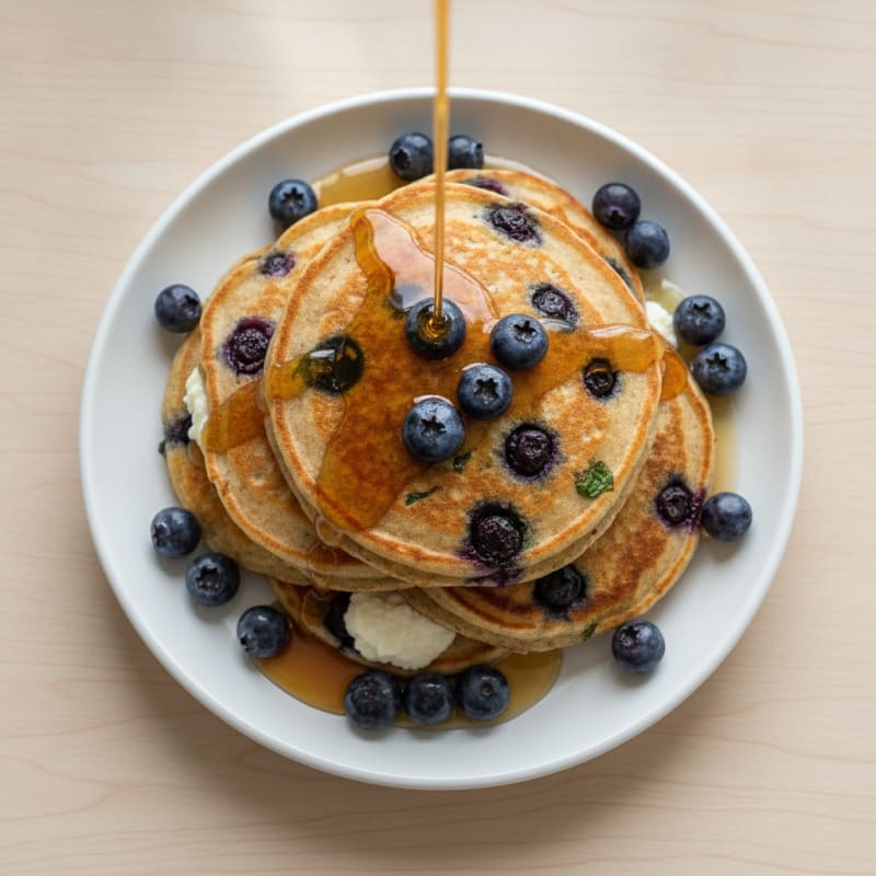 Blueberry Ricotta Pancakes with Maple Syrup