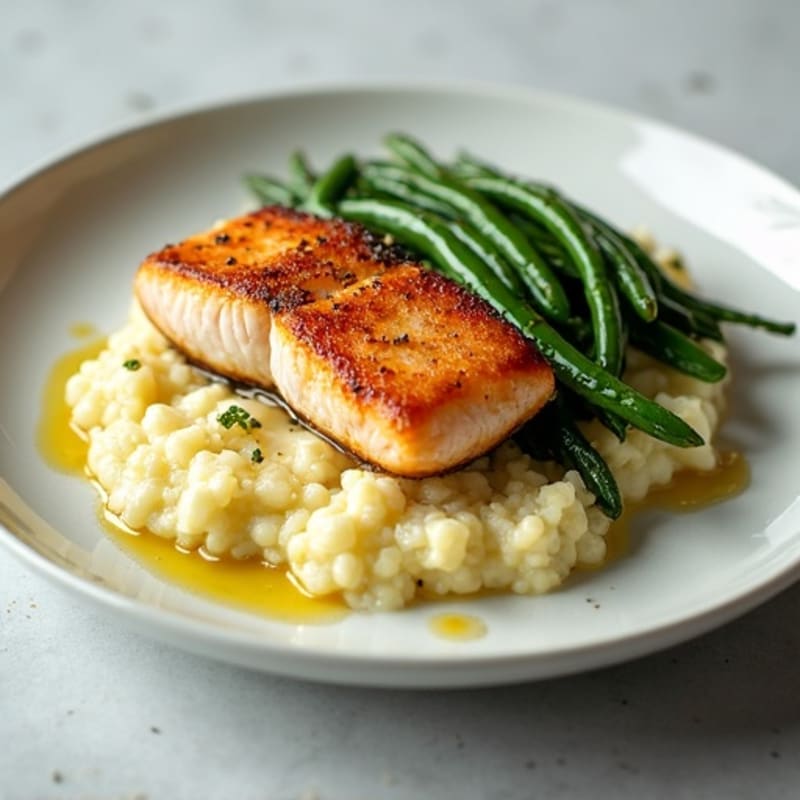 Seared Salmon with Garlic Green Beans and Cauliflower Mash