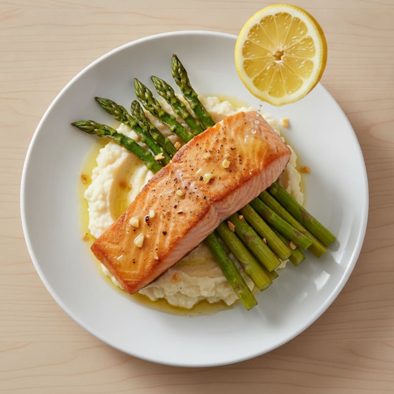 Seared Salmon Fillet with Roasted Asparagus and Cauliflower Mash