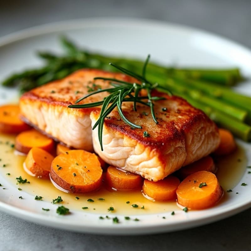 Seared Salmon with Roasted Sweet Potato and Asparagus