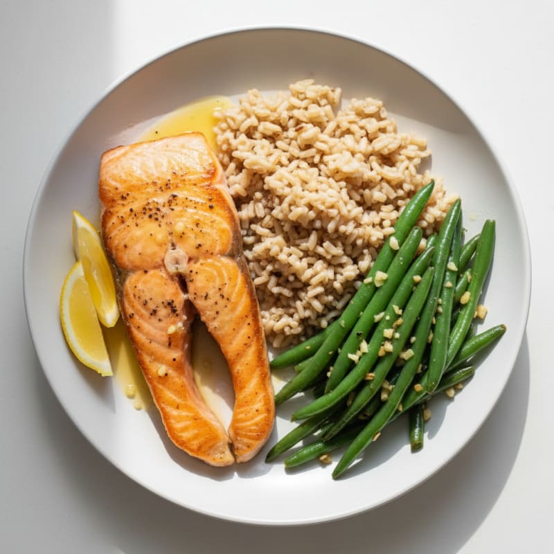 Seared Salmon with Garlic Green Beans and Brown Rice