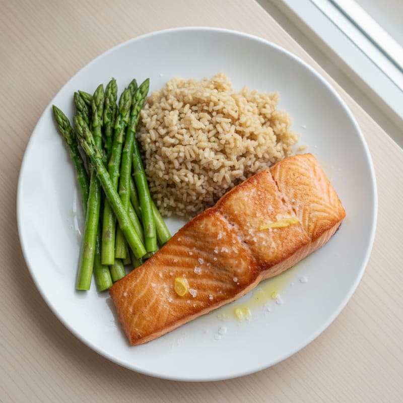 Seared Salmon with Steamed Asparagus and Brown Rice