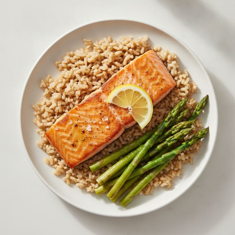 Seared Salmon Fillet with Steamed Asparagus and Brown Rice