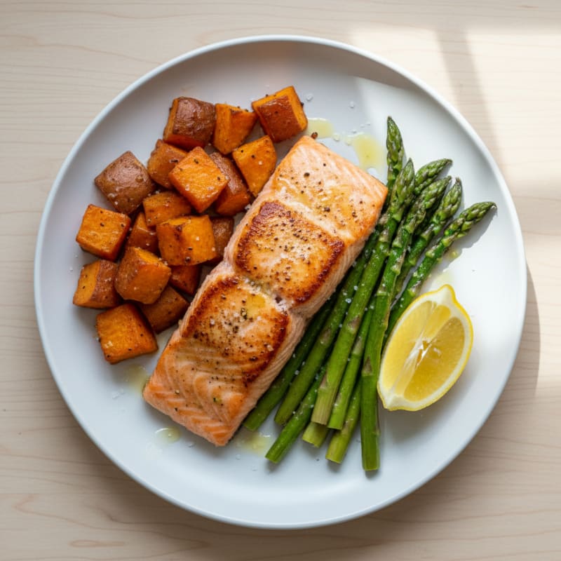 Pan-Seared Salmon with Roasted Sweet Potatoes and Asparagus