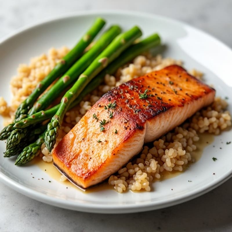 Seared Salmon with Steamed Asparagus and Brown Rice